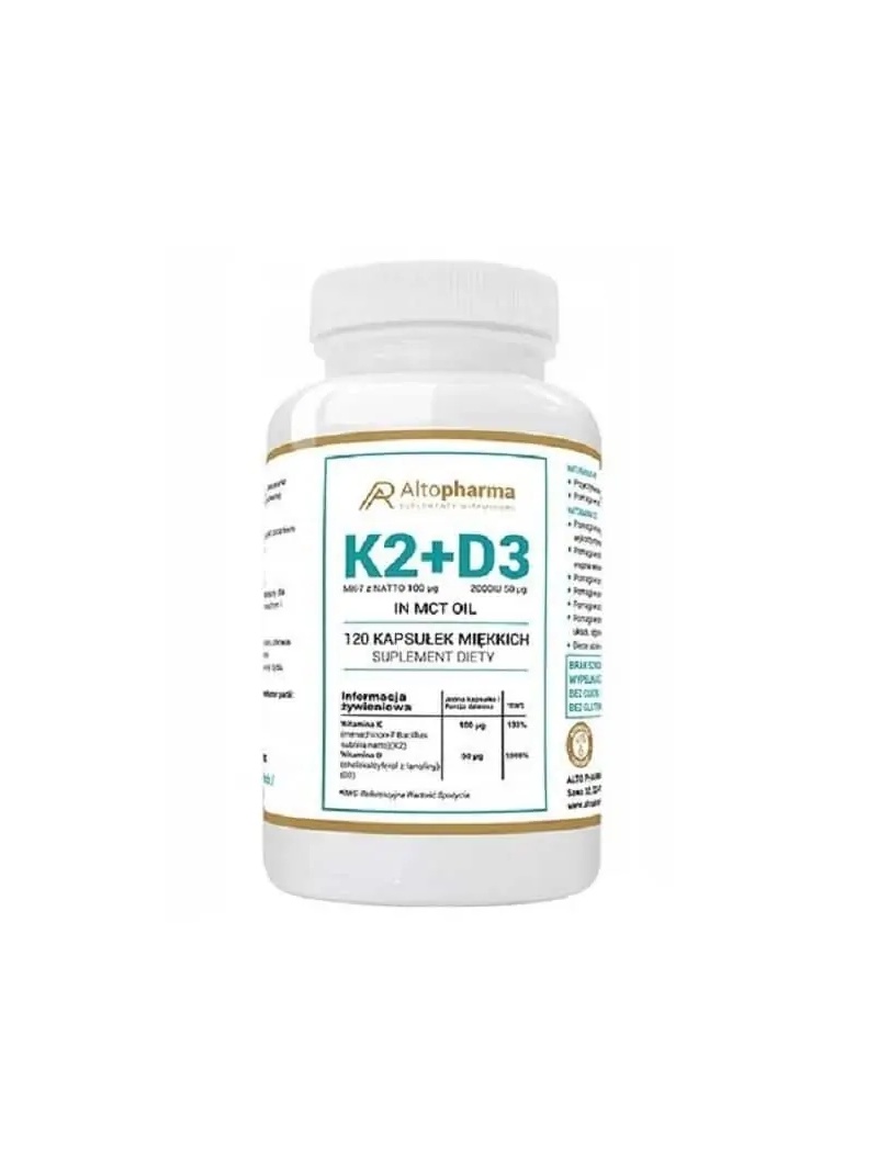 ALTO PHARMA Vitamín K2 MK-7 100 mcg + D3 2000 IU Olej MCT (kokosový olej) 120 kapsulí