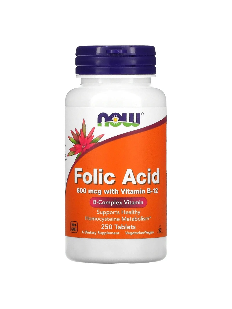 NOW FOODS Kyselina listová s vitamínom B12 800 mcg 250 vegetariánskych tabliet