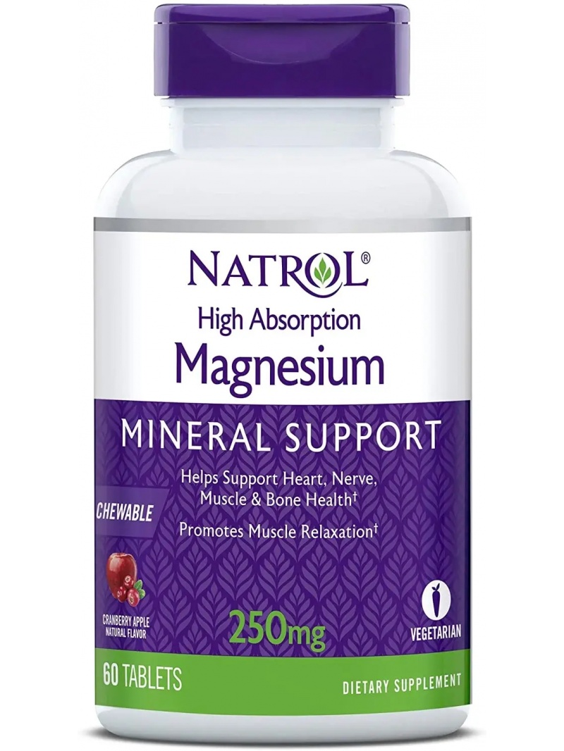 NATROL Horčík s vysokou absorpciou 250 mg (malát horečnatý) 60 žuvacích tabliet Brusnica Jablko