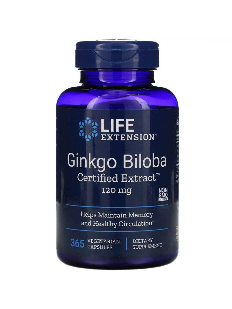 LIFE EXTENSION Ginkgo Biloba certifikovaný extrakt (zapamätajte si svoje znalosti) 365 vegetariánskych kapsúl