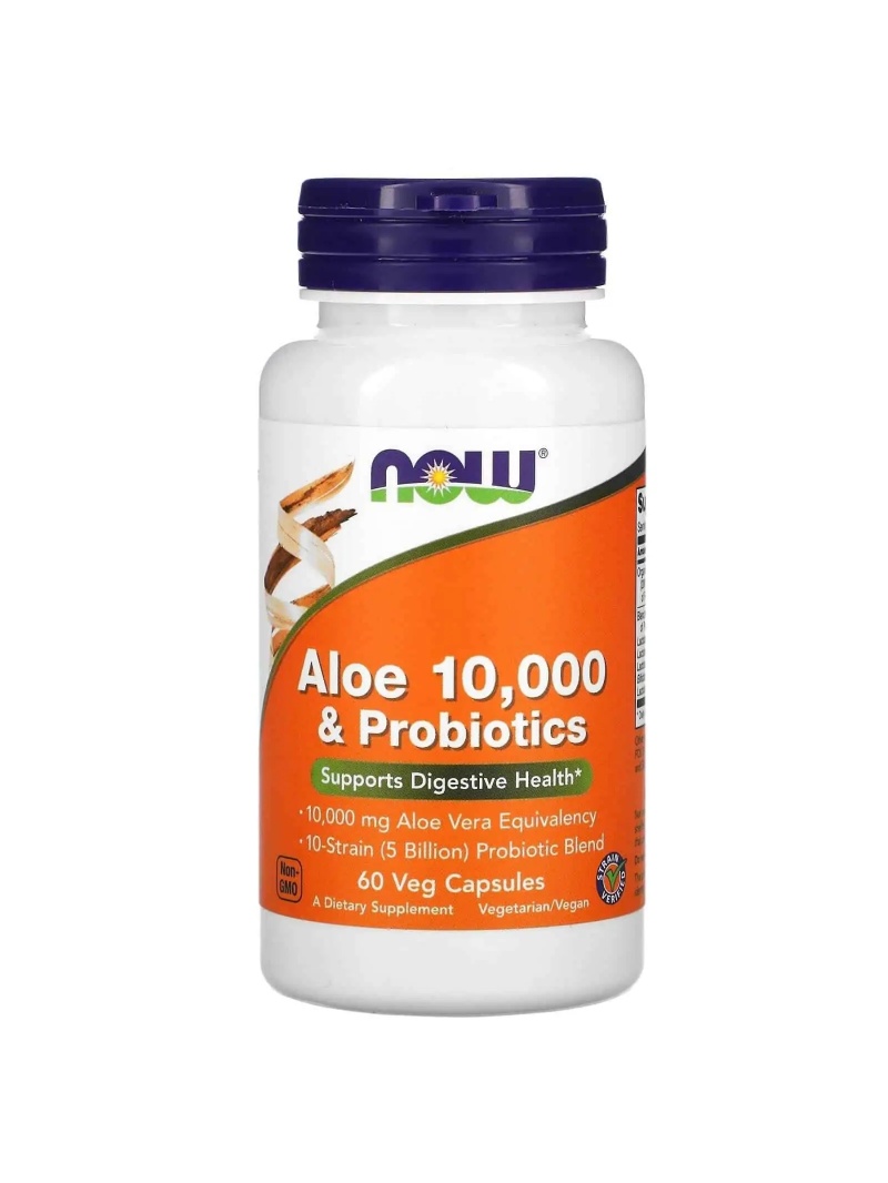 NOW FOODS Aloe 10 000 a probiotiká (probiotiká, podpora trávenia) 60 vegetariánskych kapsúl