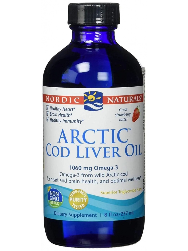 Nordic Naturals arktický olej z tresčej pečene 1060 mg (olej z tresčej pečene) 237 ml – jahoda