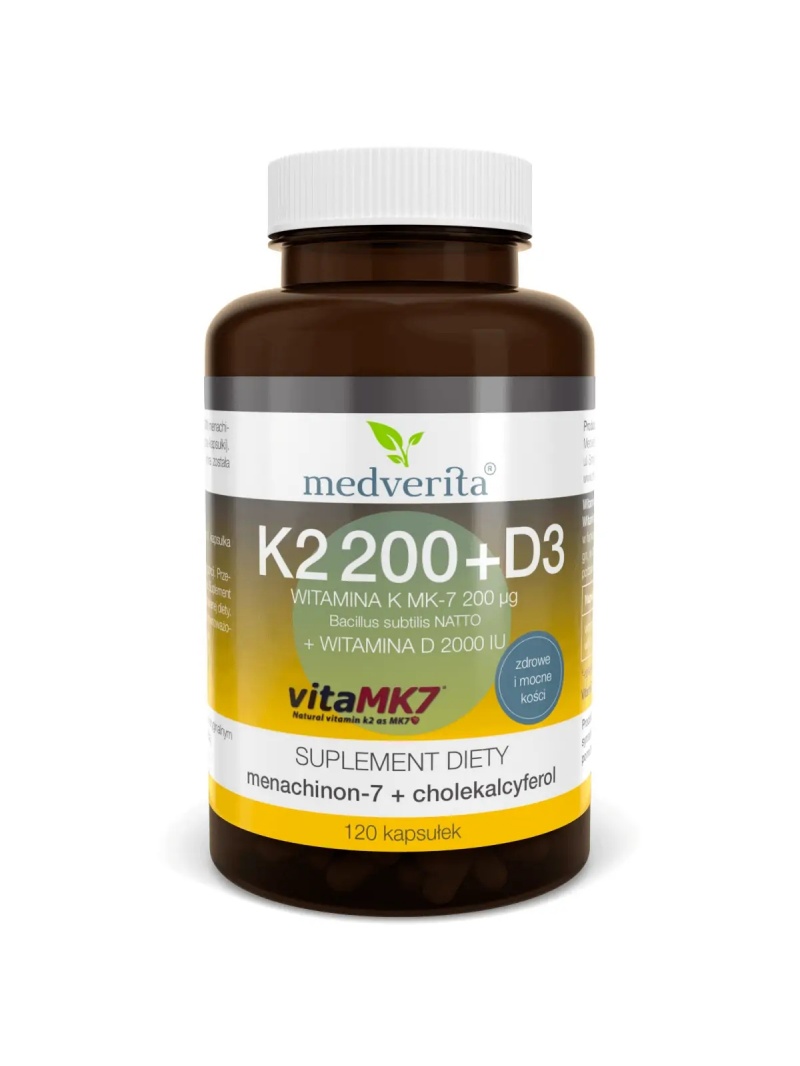 MEDVERITA Vitamín K2 MK-7 200 mcg+ D3 2000 IU 120 kapsúl