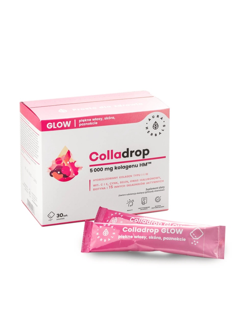 AURA HERBALS Colladrop Glow 5000 mg (morský kolagén, kožné vlasové nechty) 30 vrecúšok