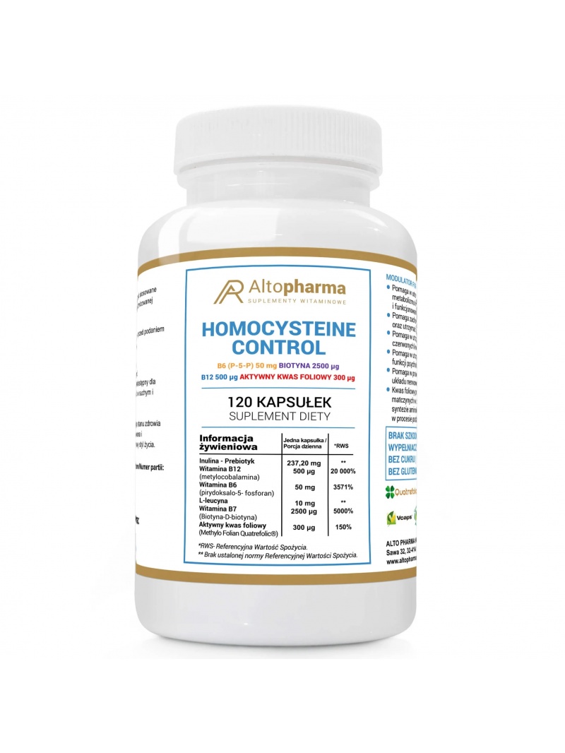 ALTO PHARMA Kontrola homocysteínu (B12 B6 B7 P-5-P B9) 120 vegánskych kapsúl