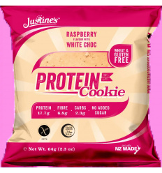 Justine's Protein Cookie – Bezlepkové proteínové sušienky – 64 g – Malina s bielou čokoládou