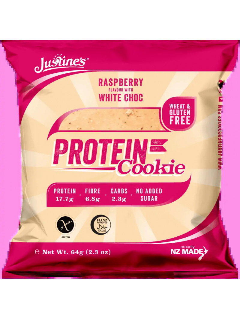 Justine&#39;s Protein Cookie – Bezlepkové proteínové sušienky – 64 g – Malina s bielou čokoládou