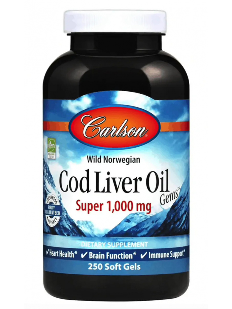 CARLSON LABS Olej z tresčej pečene Gems™ Super 1 000 mg (olej z divokej nórskej tresčej pečene) 250 mäkkých kapsulí