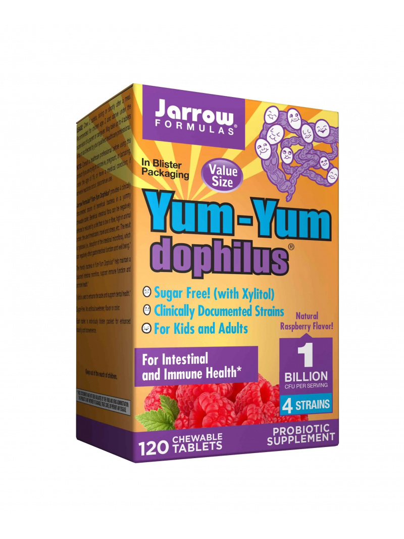 JARROW FORMULAS Yum-Yum Dophilus 1 miliarda 120 žuvacích tabliet Malina