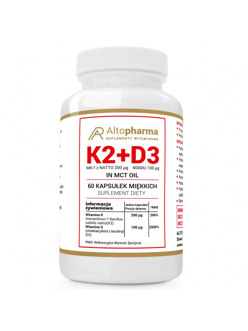 ALTO PHARMA Vitamín K2 + D3 (K2 MK7 s NATTO D3 4000 IU) 60 mäkkých kapsúl