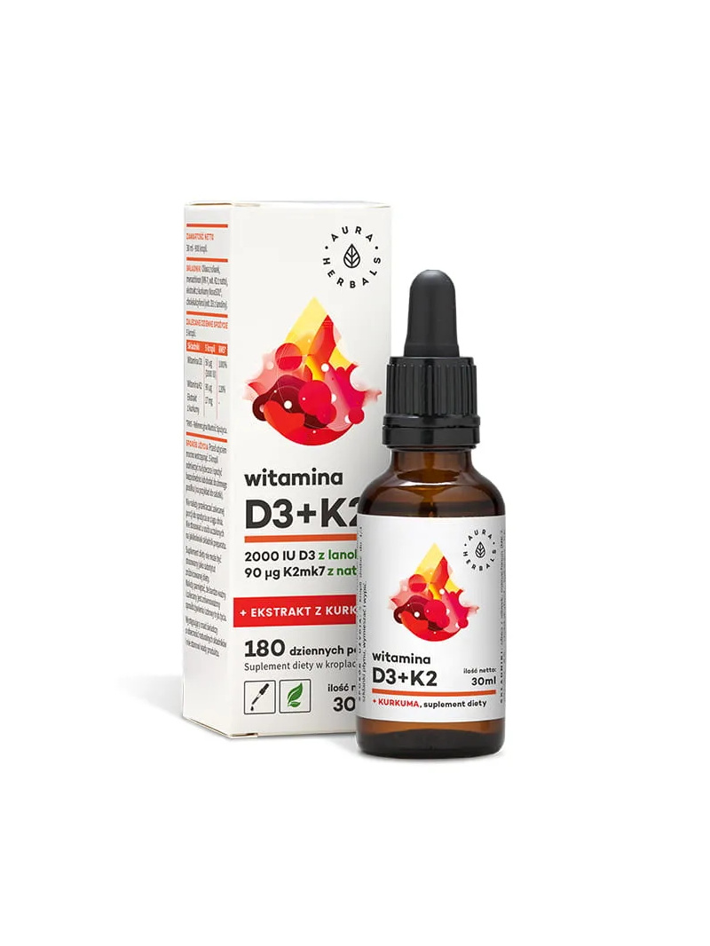 AURA HERBALS Vitamín D3 + K2MK7 2000 IU + Extrakt z kurkumy 30 ml