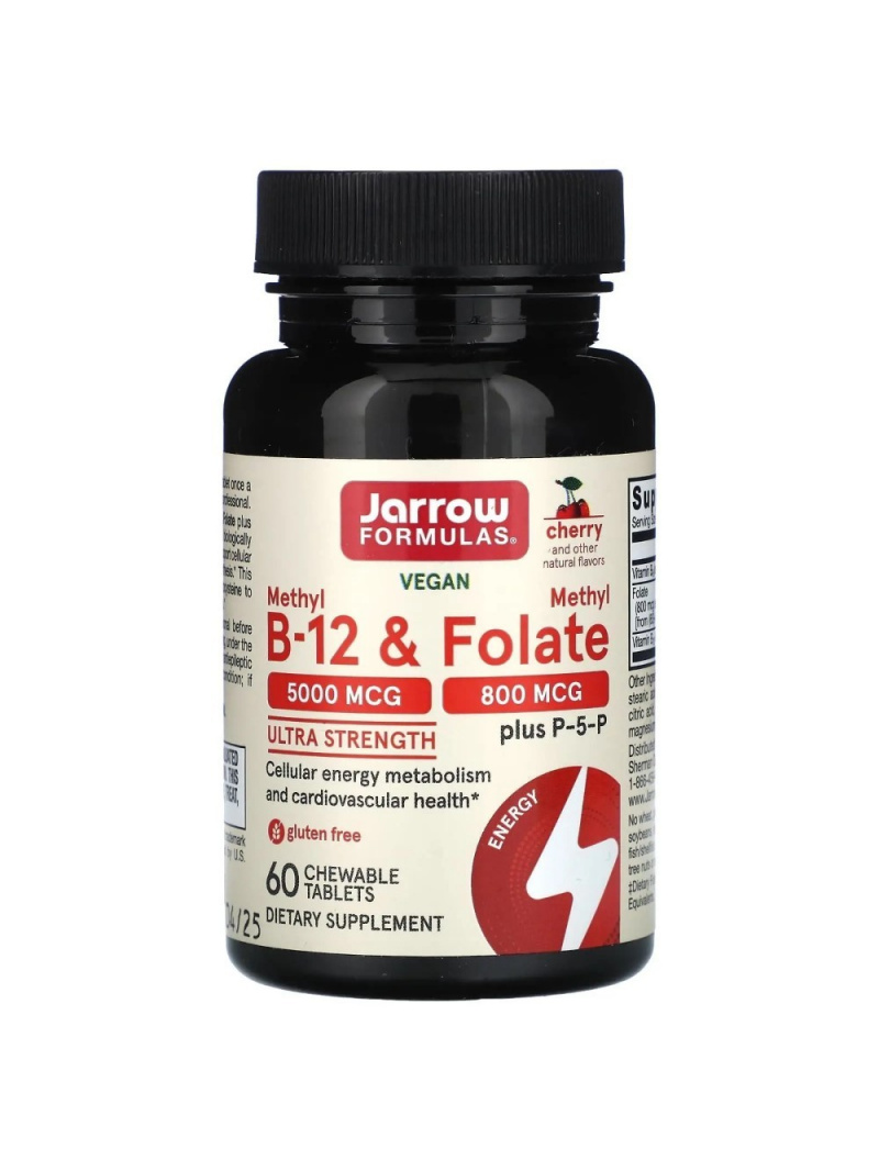 Jarrow Formulas Methyl B-12 5000 mcg & Methyl Folate 800 mcg, čerešňová príchuť – 60 pastiliek
