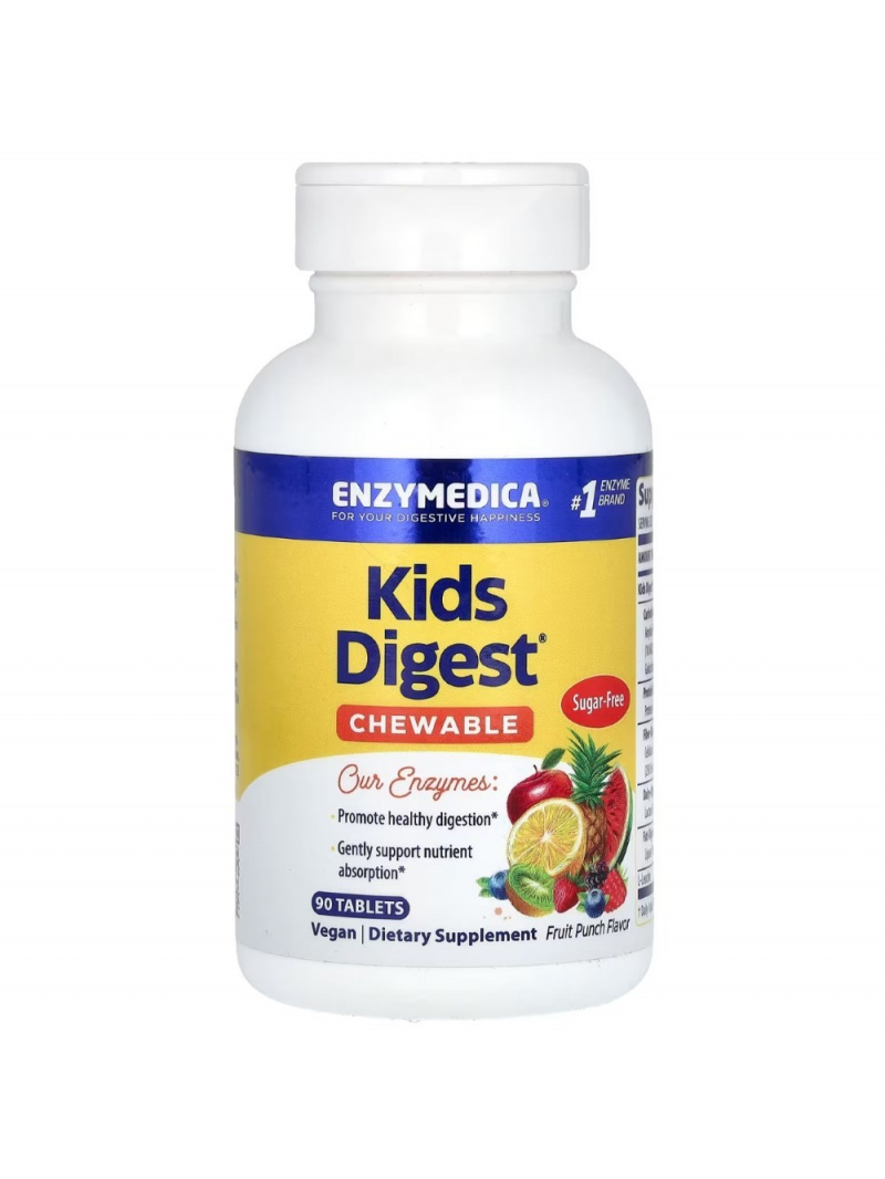 Enzymedica Kids Digest™ Tráviace enzýmy pre deti, ovocný punč – 90 žuvacích tabliet